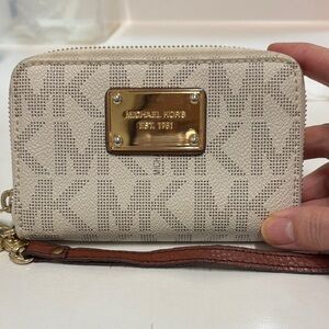 Michael Kors Cream Logo Zip-Around Wristlet with Brown Strap***